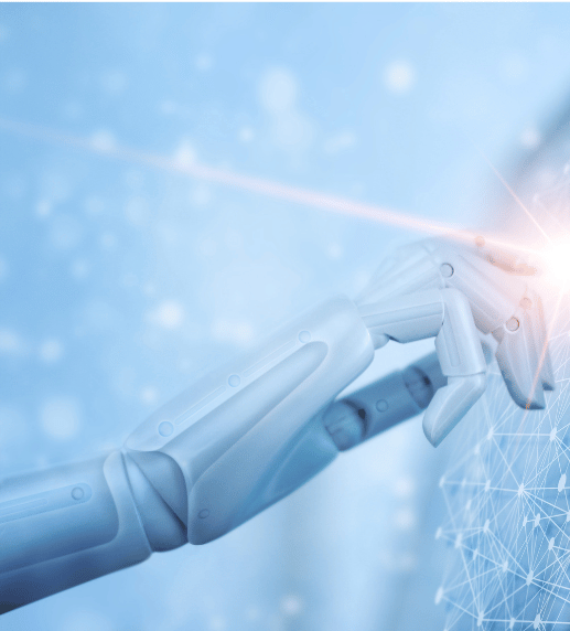 Robot hand reaching toward digital network interface, symbolizing AI and technology integration for Unclaimed digital marketing agency.