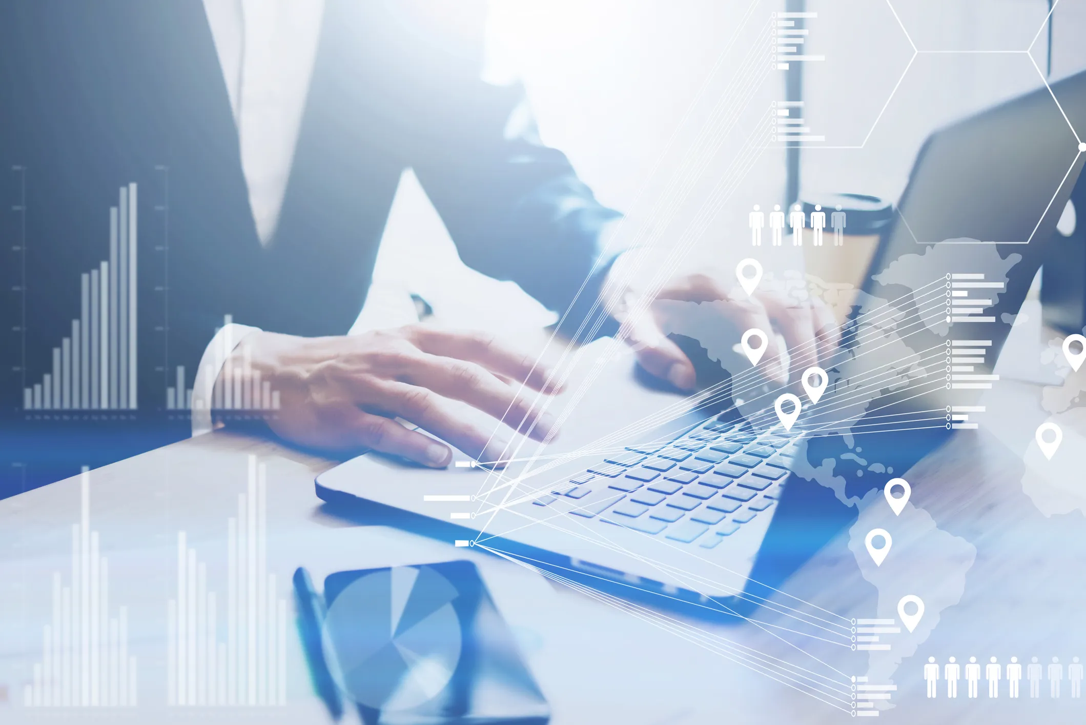 Business professional working on laptop with digital SEO analytics and global data overlay