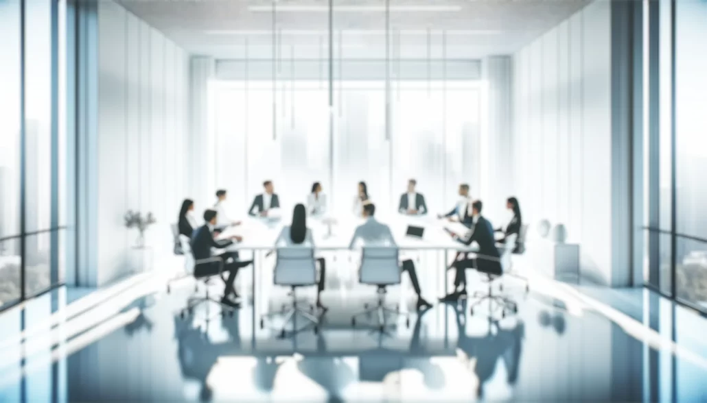 Business professionals seated around a conference table in a modern glass office, symbolizing collaboration and branding strategy.