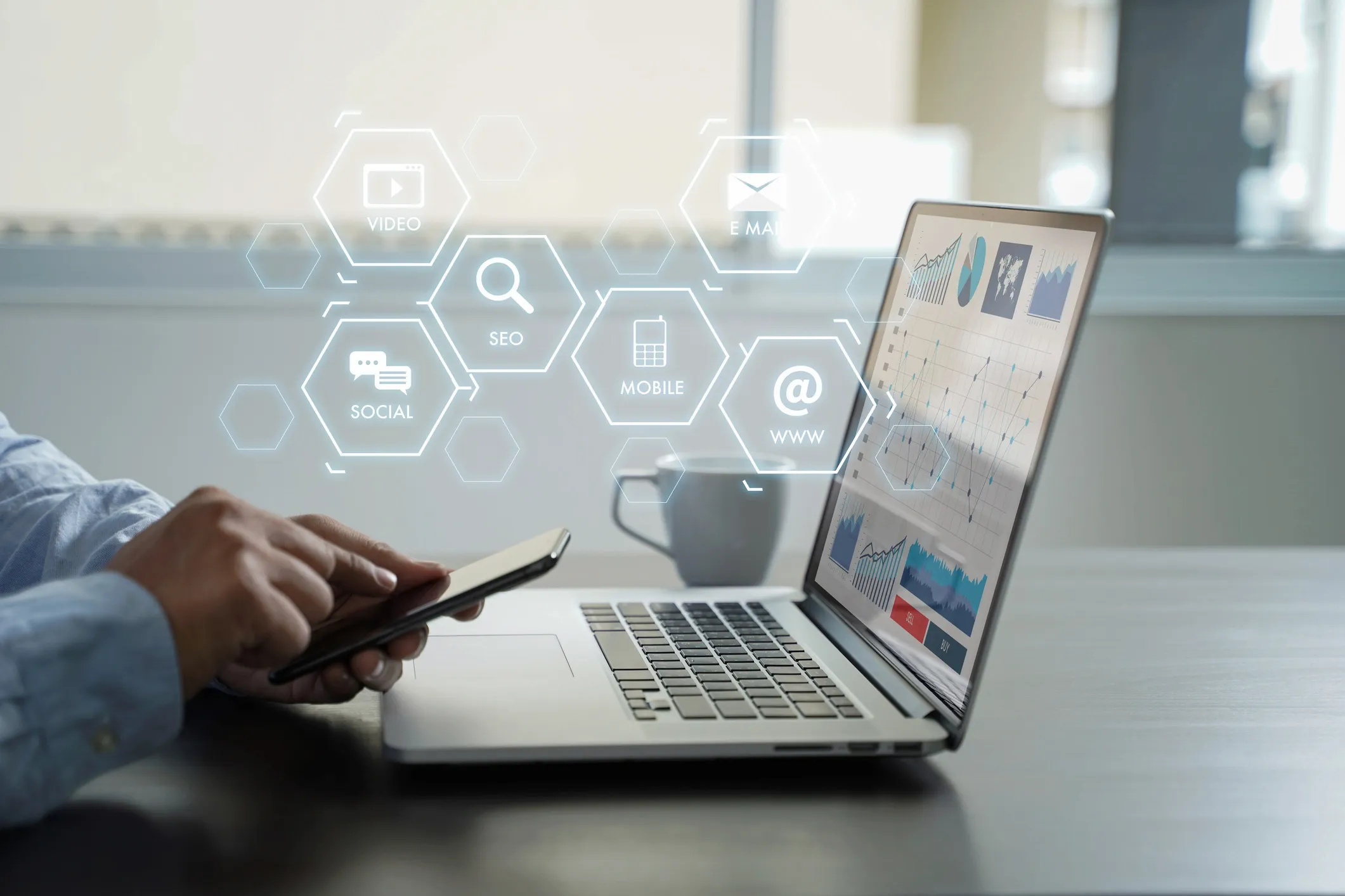 Digital marketing workspace with SEO, social, blog, and content creation tools on screen