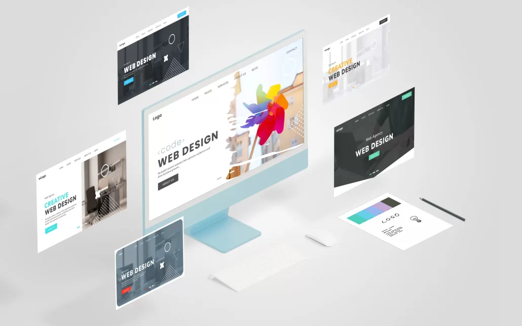 Web design showcase with multiple creative website mockups displayed in a modern 3D layout
