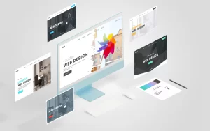 Web design showcase with multiple creative website mockups displayed in a modern 3D layout
