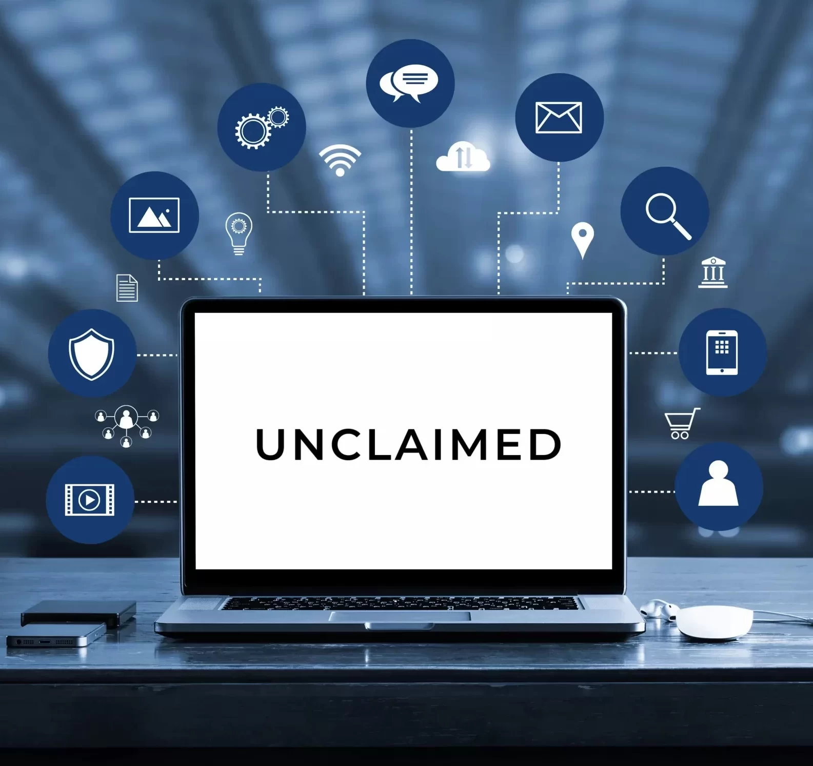 Unclaimed laptop with digital marketing icons representing SEO, social media, web design, and email strategy